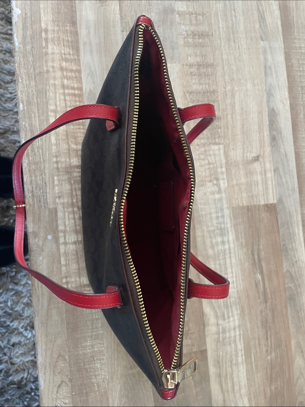 Coach Brown Signature Tote with Red Straps - Picture 4 of 8